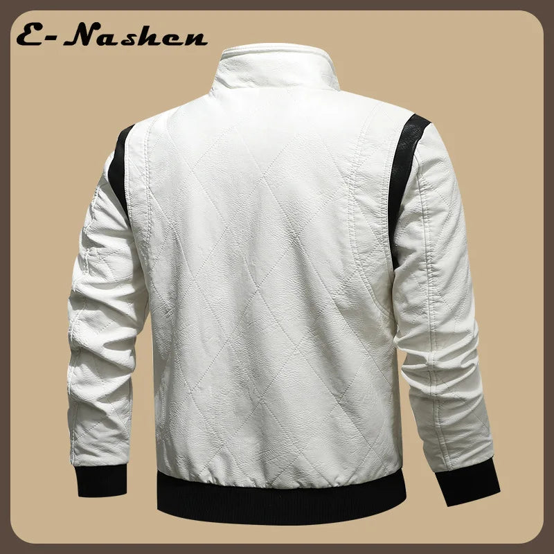 European and American-style Men's White Faux Leather Jacket; Black Hooded PU Motorcycle Coat with A Detachable Hood.