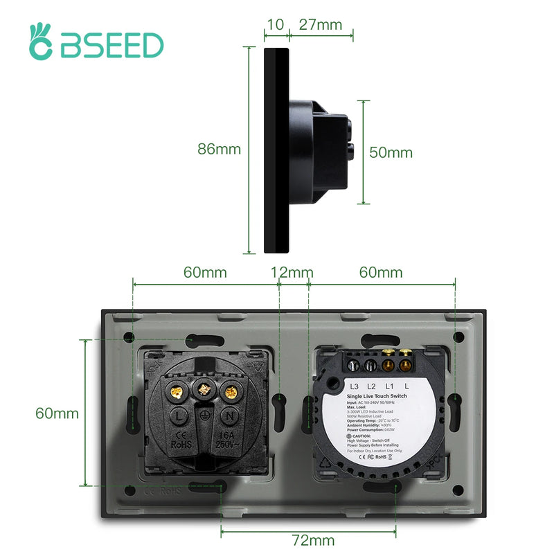 BSEED Touch Light Switch Wall Socket Glass 1/2/3Gang Touch Screen Switch Power Outlet Max.300W/Gang Led Switch Wall Socket Black
