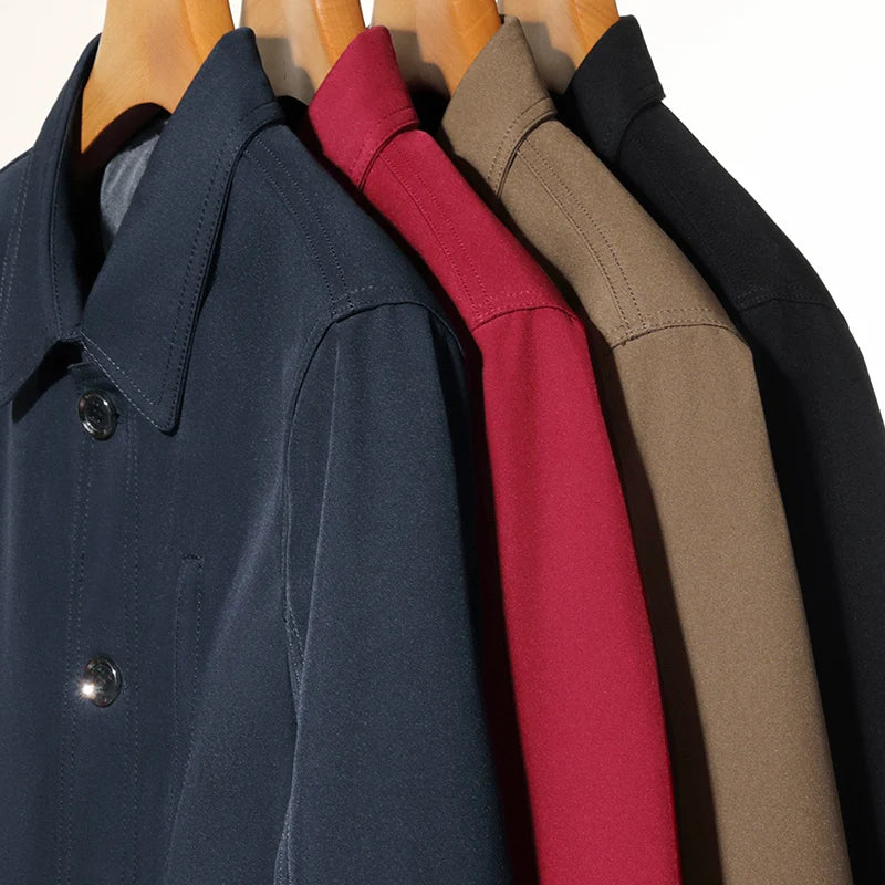 2026 New Men's Red Long-sleeve Collared Jacket, Black Single-breasted Casual Coat, Navy and Khaki Tops.