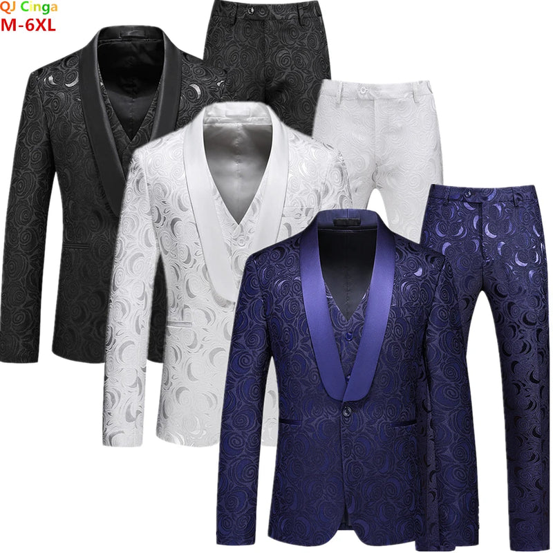 Luxury Men's Black Rose Pattern Suit 3-Piece, White Wedding Party Dress Jacket and Vest with Trousers, Asian Size M-6XL.