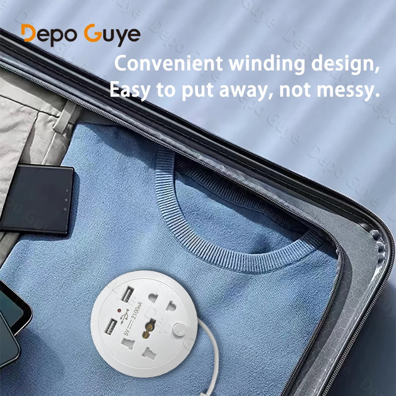 Travel Adapter Socket,EU Standard Plug,White Universal Five Hole Socket with Dual USB Power Portable Outlet with Cable 1.5m