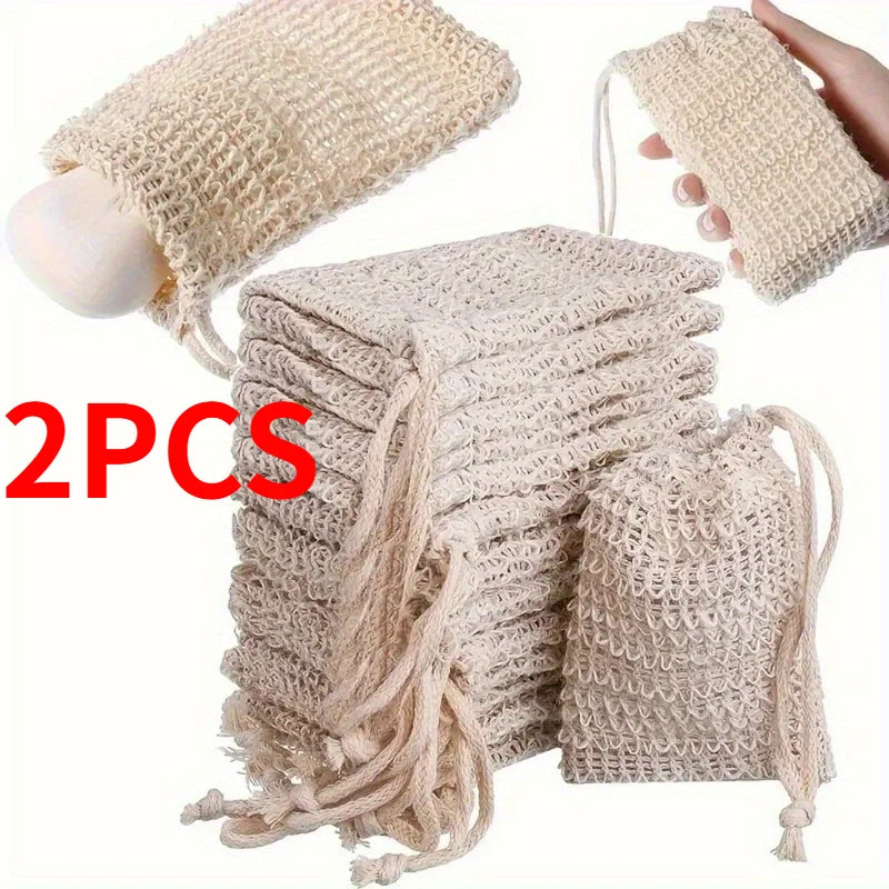 2pcs Sisal Soap Saver Pouch with Drawstring And Wooden Bead - Foaming And Drying Shower Bag for Bathroom Accessories