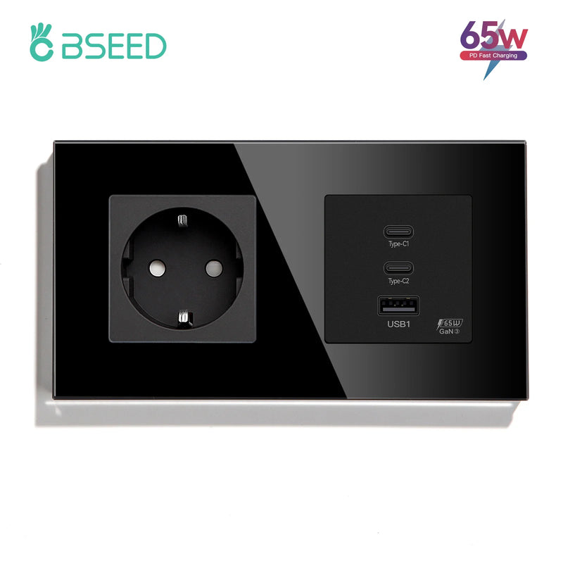 BSEED GaN3 Universal Socket 65W PD Fast Charge Port USB Type-C Quick Charge With Wall Power Socket Glass Panel 100V-240V