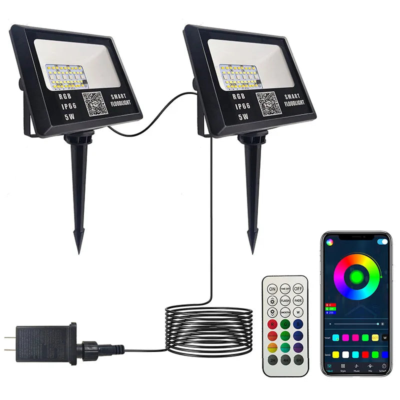 RGB LED Flood Light Bluetooth APP Control Smart Floodlights Timing Music Sync IP66 Waterproof Landscape Lighting with EU Plug