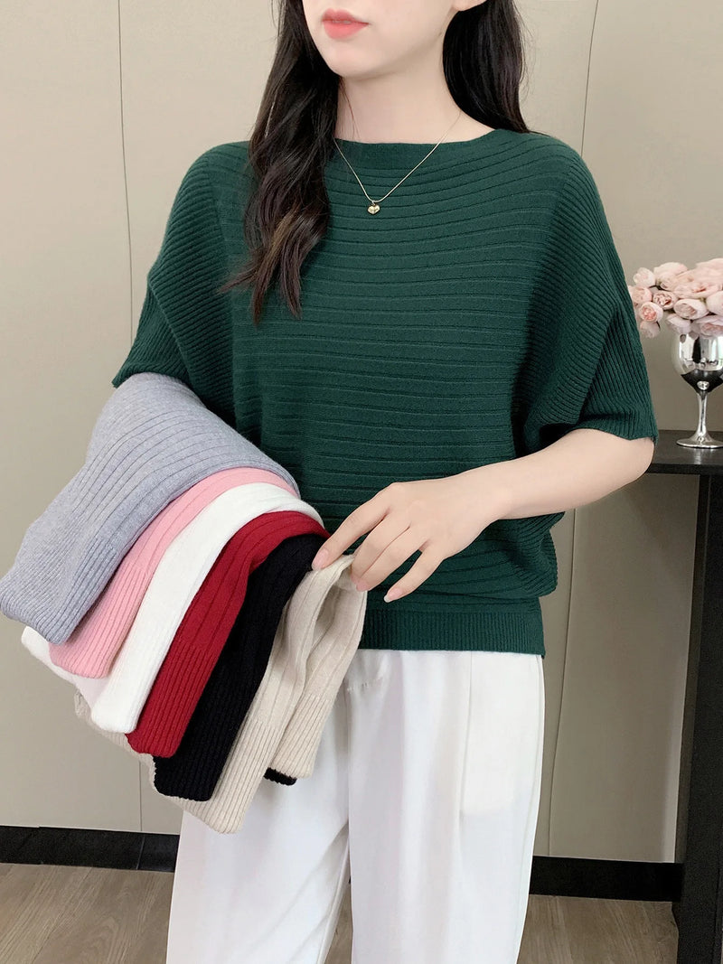 Female Jumper Korean Short Knitted Sweater One-word Collar Top Women's Five-quarter Sleeves Spring Autumn Pullover Shirt