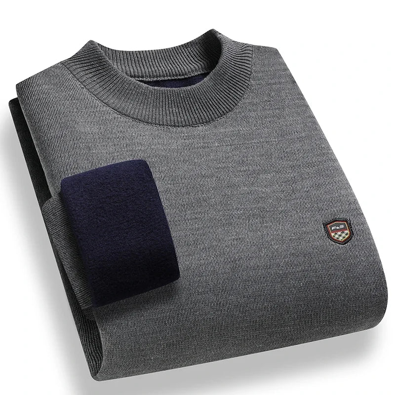 Windproof Men Plain Knitted Sweater Stretch Rib Trim Small Shield Badge Fleece Lined Office Casual Long Sleeve Top
