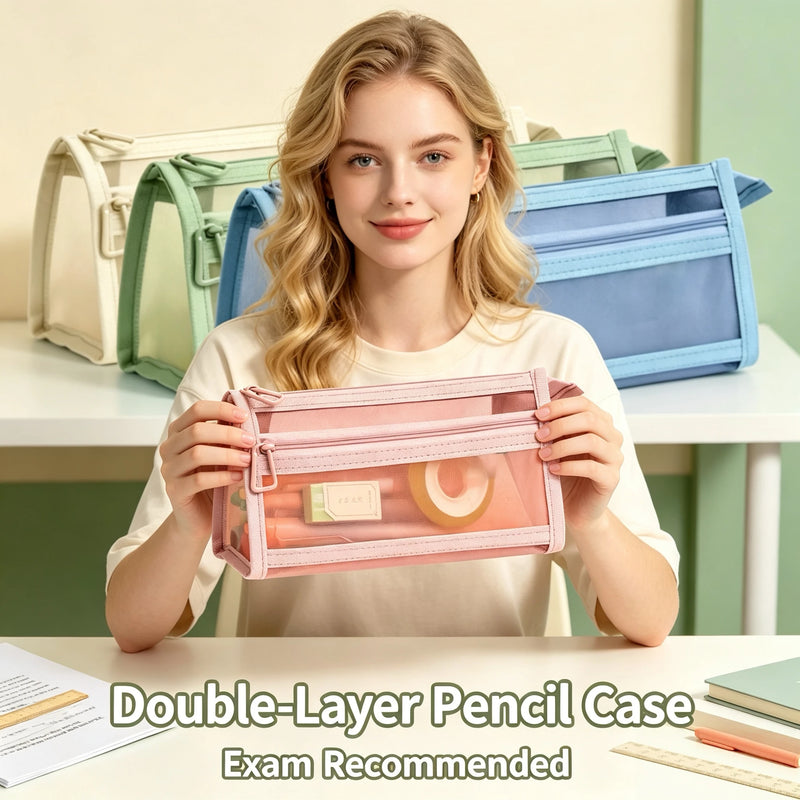 Pencil Bag Transparent Mesh Exam Specific Stationery Bag Pencil Bag Double Layered 3D Large Capacity Stationery Box