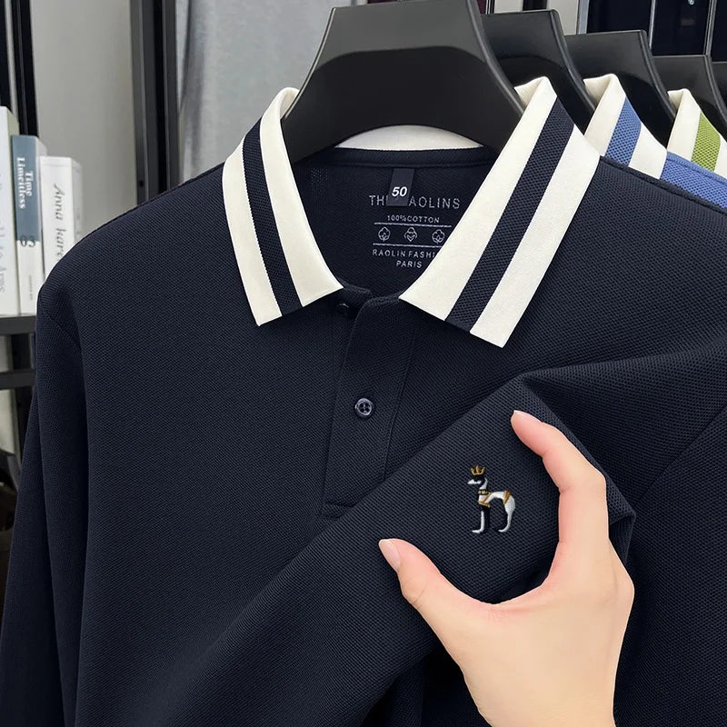 100%cotton Luxury Man Long-Sleeved Polo Shirt Button Lapel Dog Embroidery British Style Spring New Long Sleeves Leisure MensWear