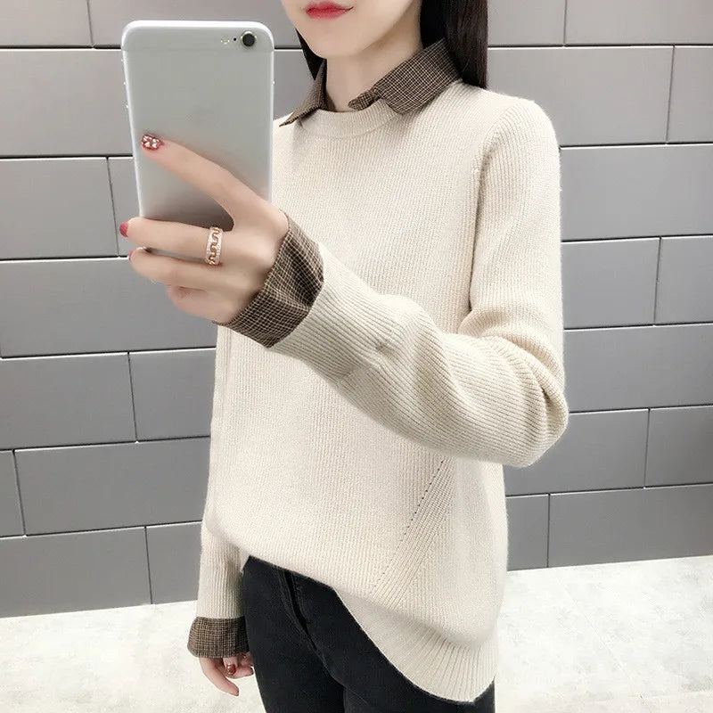 Fake Two Piece Women's Knitwear Top Fashionable Lapel Collar Shirt Bottom Sweater Autumn Winter Long Sleeve Pullovers Femme