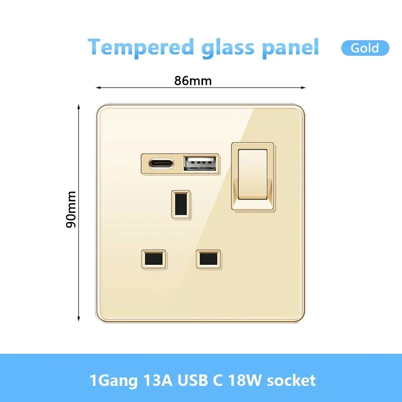 Gold UK 13A Tempered Glass USB Socket Plug,18W Type-C Fast charging Universal 3pin Dual Power Outlet,Wall 2way Light Switch