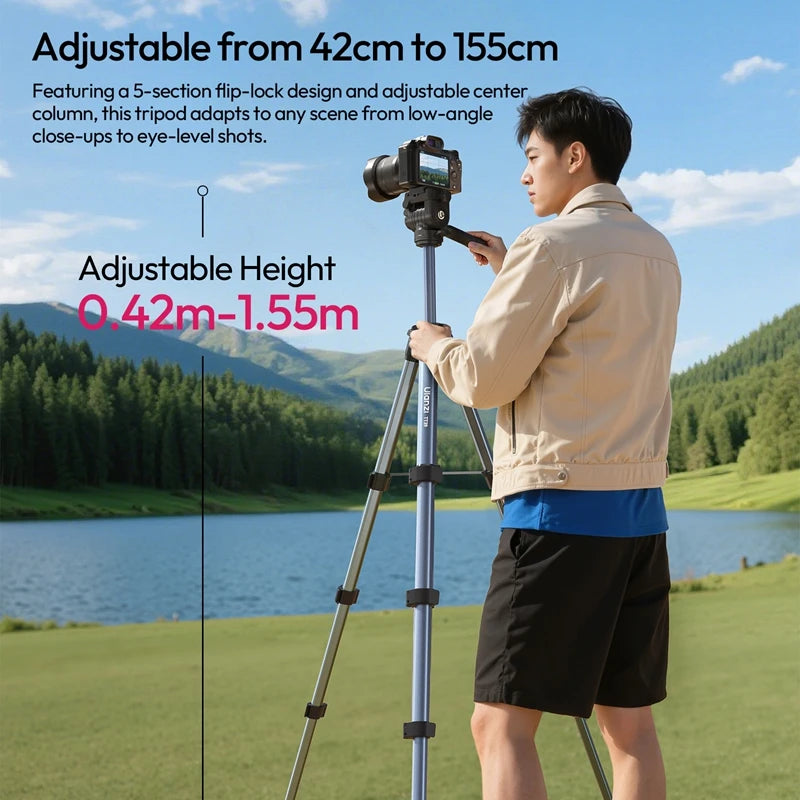 ជើងកាមេរ៉ាវីដេអូ Ulanzi TT39 1.55M ជើងកាមេរ៉ាធ្វើដំណើរ ជាមួយក្បាលបែប Panoramic 360° ប្តូរផ្ដេក និងបញ្ឈររហ័ស ផ្ទុកអតិបរមា 3KG