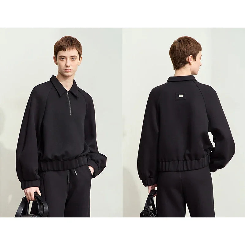 Amii Minimalism Hoodies Woman 2026 Autumn New Lapel Zipper Casual Loose Pullovers Sweatshirts for Woman Cotton Solid Top12443154