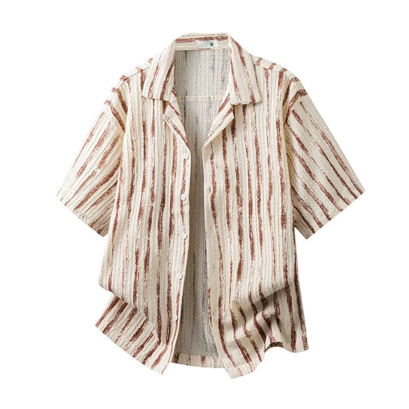 DUKEEN Men's Textured Striped Cuban Collar Shirt Old Money Style Short Sleeve Camp Collar Casual Beach Vacation Shirt