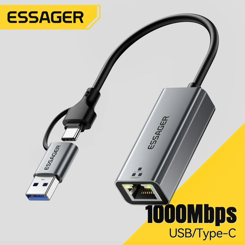 អាដាប់ទ័រអ៊ីសឺរណិត Essager 2-in-1 USB-A/Type-C ទៅ RJ45 កាតបណ្តាញ 1000Mbps Ethernet Gigabit អាដាប់ទ័រកាត Lan សម្រាប់កុំព្យូទ័រយួរដៃ MacBook