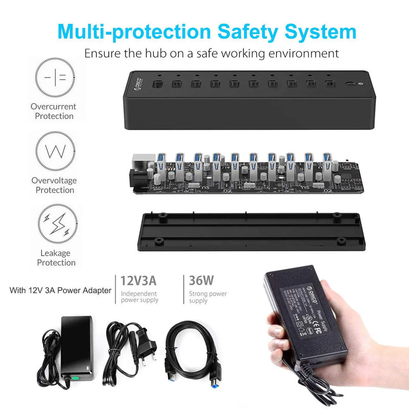 ORICO P10 USB HUB 10 Ports USB 3.02.0 HUB With 12V Power Adapter High Speed USB Splitter For PC Computer Accessories