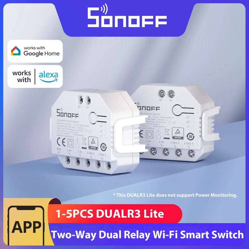 SONOFF DUALR3 Lite Dual Relay Module DIY MINI Smart WiFi Switch 1-5PCS 2-Way Control Timing via eWeLink Alexa Google Smart Home