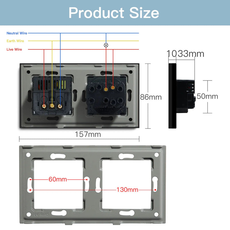 BSEED Mechanical Button Switch 1/2/3Gang 1Way Wall Power Socket USB Type-C Port Glass Frame Wall Switches Home Improvement