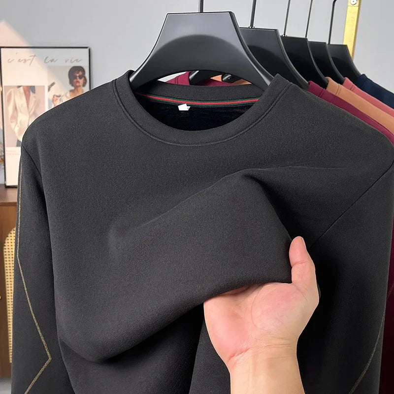 Autumn Leisure Long Sleeve Thermal Shirt Men Round Neck Decorative Sleeve Stitch Elastic Basic Daily Top