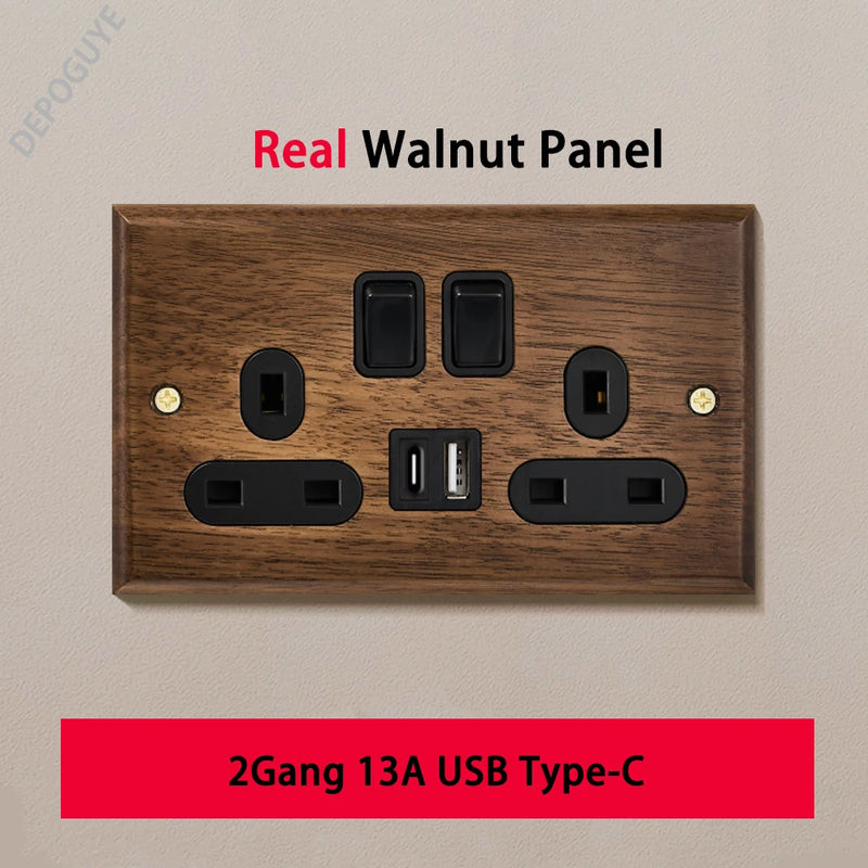 Black Retro Walnut Wall Toggle Switch Panel 1-4Gang 2Way Solid Wood Double EU/FR Socket Universal Usb C Electrical Power Outlet