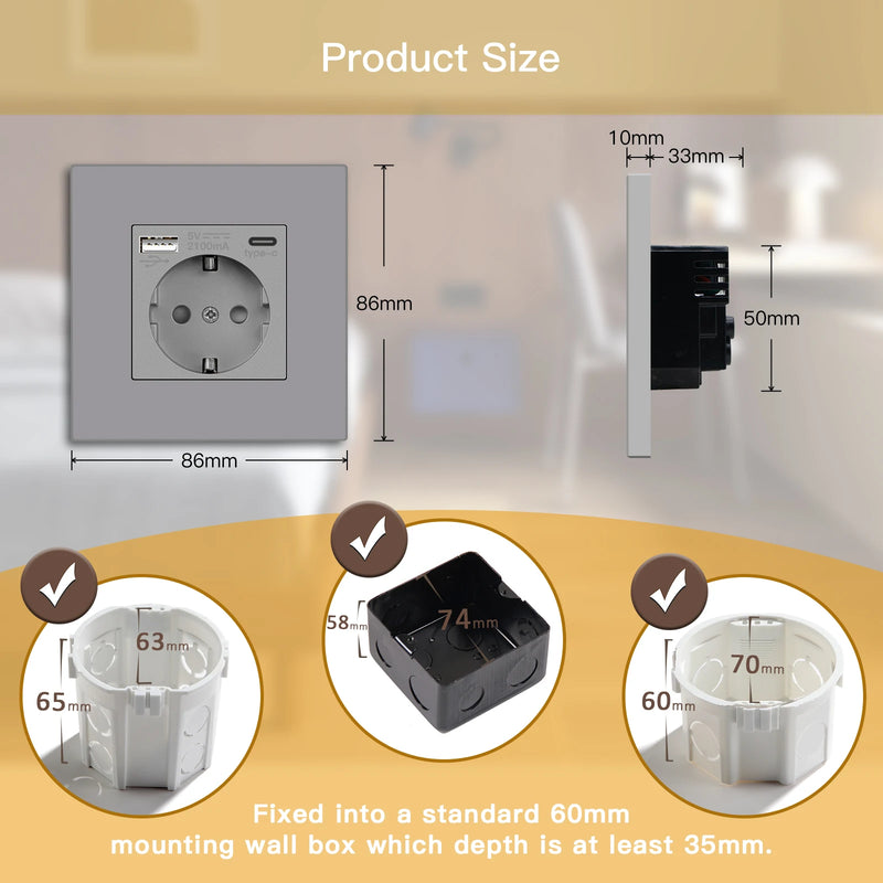BSEED EU Wall Sockets Single Power Outlets Gray Double Frame Sockets Plastic Panel Triple Power Plugs Kids Protection 16A