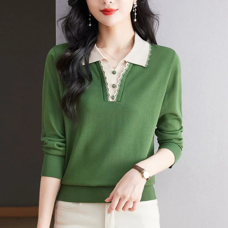 Pull Femmes Tendances 2025 Jersey Fashion Lapel Shirt Spring Autumn Woolen Tops Female Clothing Knitwear Women's Sweater Blouse