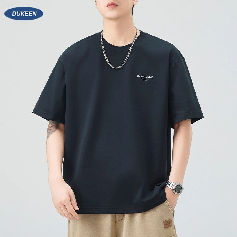 DUKEEN Men's Minimalist Print T-Shirt Summer 2026 Oversized Breathable Crew Neck Tee Casual Korea Style Short Sleeve Top