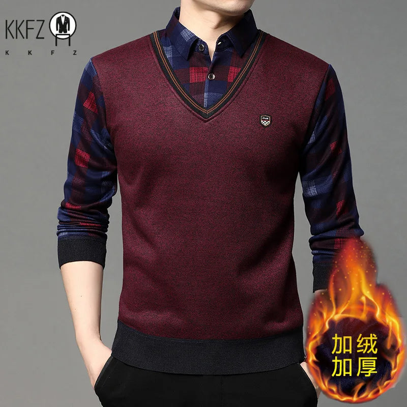 Slim Fit Fake Two Piece Sweater Men Stretch Knit Thermal Fleece Lined Plaid Long Sleeve Collared Office Travel Outfit