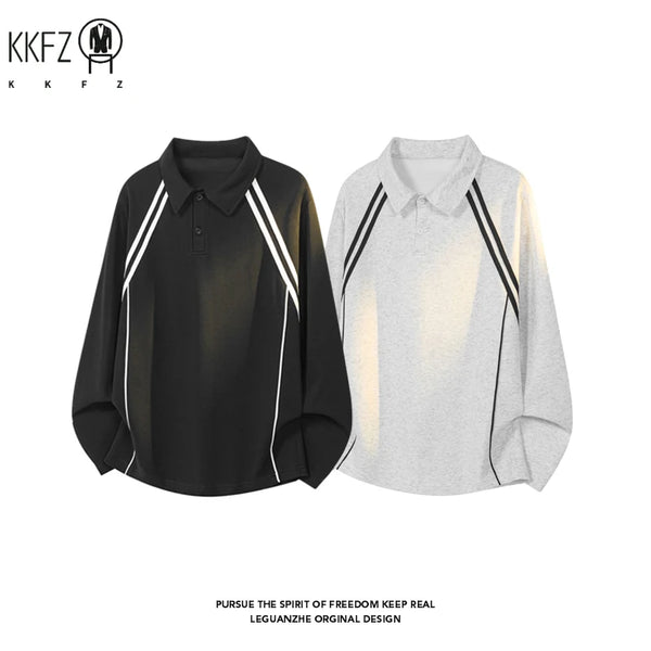 Mens Sports Style Polo Pullover Lapel Collar Long Sleeve Side Striped Detail Raglan Cut Soft Fabric Top