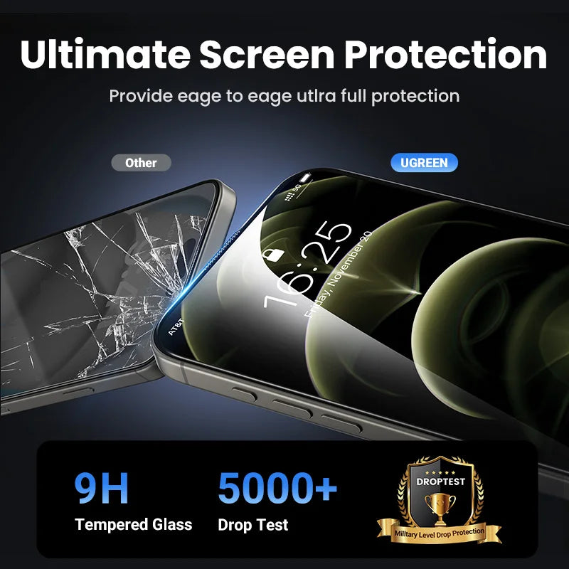 UGREEN for iPhone 16 15 14 13 12 Pro Max Screen Protector for iPhone 16 Plus Tempered Glass for iPhone 15 XR Glass 9D Films
