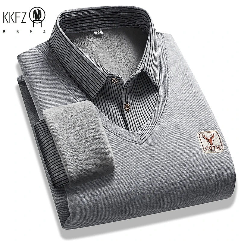 Fashion Men Striped Collar Knitted Top Fake Two Piece Pullover Long Sleeve Business Commute Knit Sweater With Small Logo