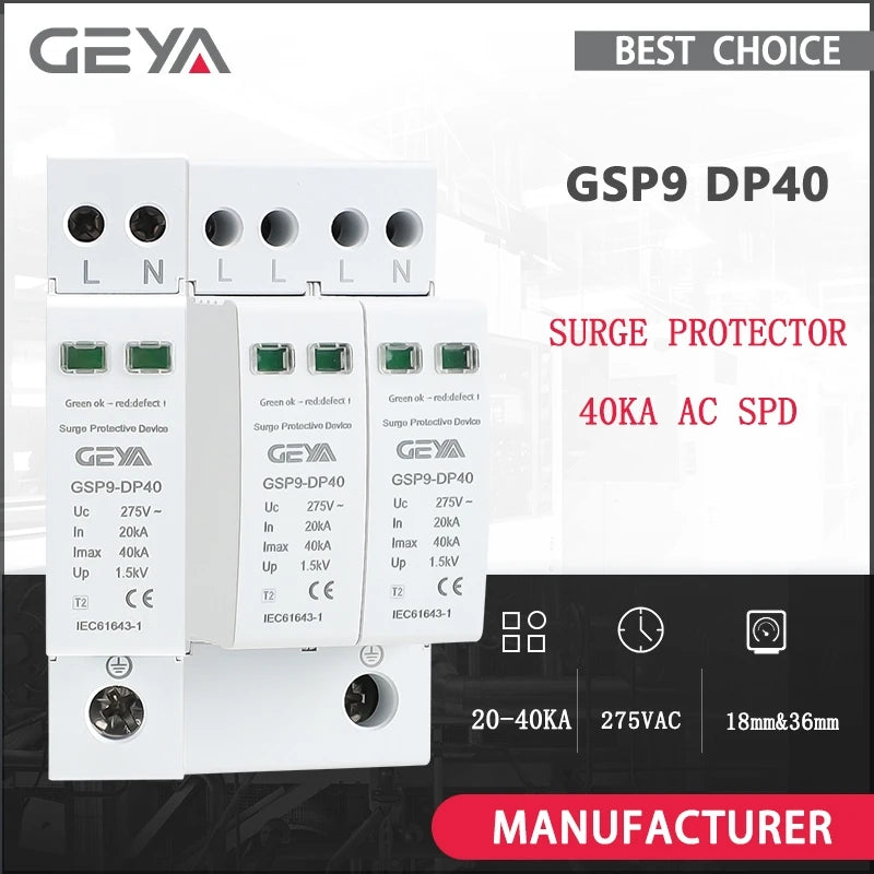 GEYA GSP9 1P+N/2P 18mm SPD ឧបករណ៍ការពារការកើនឡើង 20~40KA ឧបករណ៍ការពាររន្ទះ ឧបករណ៍បញ្ឈប់វ៉ុលទាប AC275V SPD