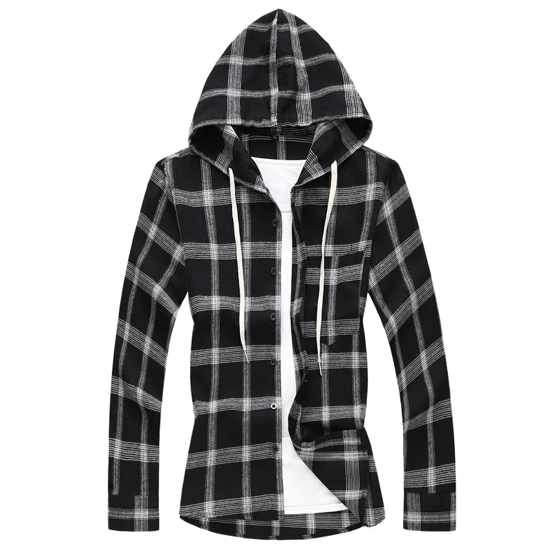 2026 New Men's White Plaid Hooded Shirt, Single Breasted, Long Sleeve Shirts, Black Fashion, Casual Tops