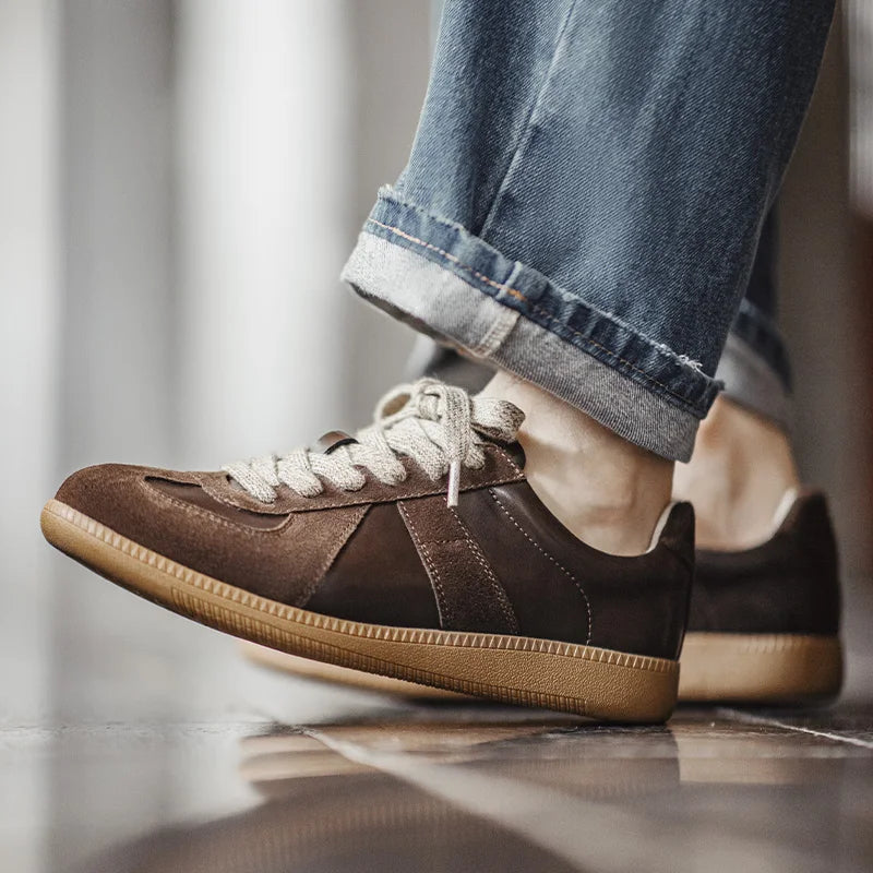 ស្បែកជើង Maden Classic Brown Spliced German Trainer Shoes Flat Low-top Sneakers សម្រាប់បុរស និទាឃរដូវ និងរដូវស្លឹកឈើជ្រុះ ស្បែកជើងកីឡាបែបខ្សែចង