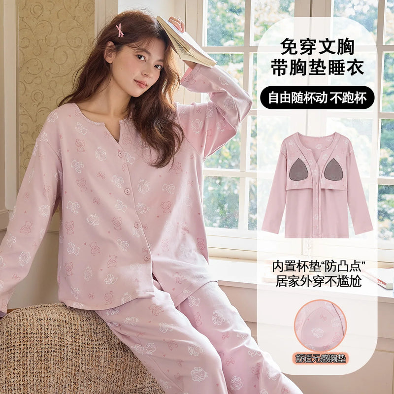 Korean Cotton Chest Pad Long Sleeve Top Trouser Sets Casual Home Suit For Women Spring Autumn Sleepwear Women's Pajamas