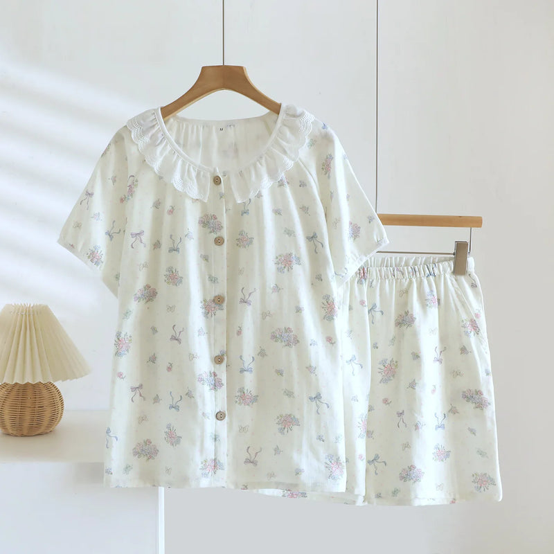 Thin Loungewear Women Pajamas Cardigan O-Neck Short Sleeve Shorts Two Piece Set Summer Comfortable Home Clothes Floral Pijama