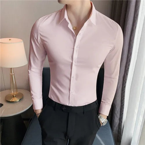2026 New Men's Dark Green Slim-Fit Long Sleeve Shirt, Fashion Casual Business Top for Man in Black/White