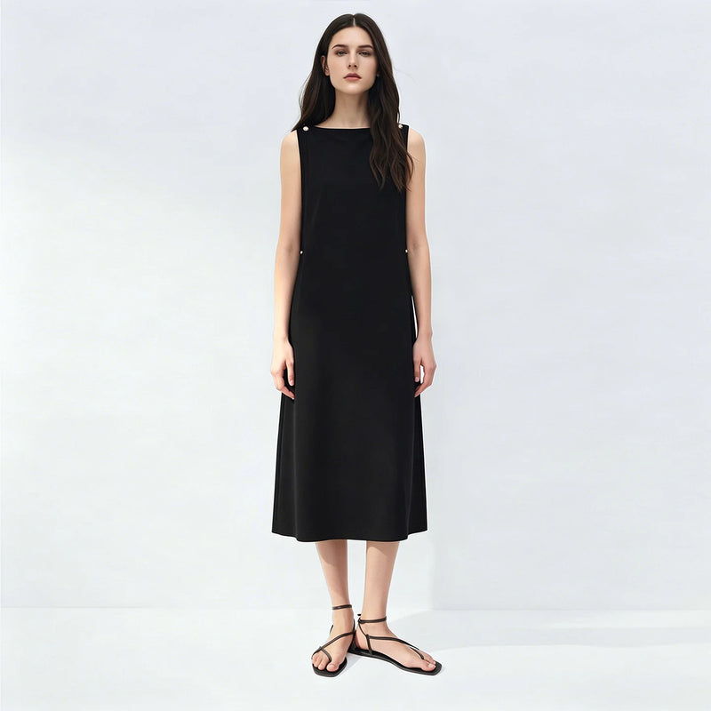 Amii Off Shoulder Women's Casual Dresses 2026 Summer New Metal Button Elegant Loose Fit Sleeveless Midi Women's Dress 12642112