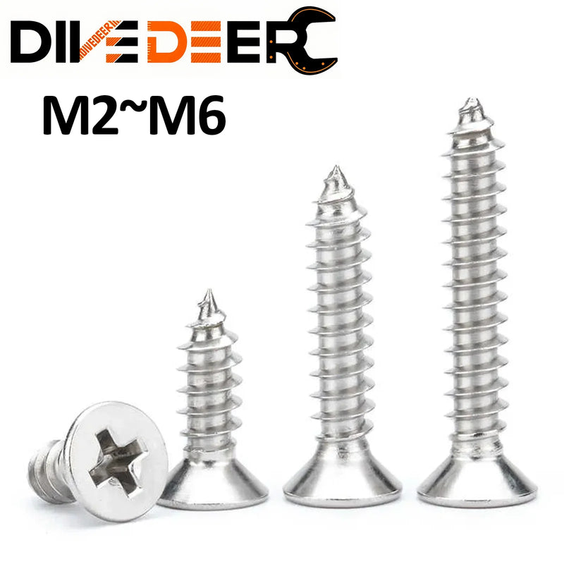 DIVEDEER　M2 M2.2 M2.6 M3 M3.5 M4 M5 M6 304 Stainless Steel Marine Phillips Flat Countersunk Head Self Tapping Wood Screw