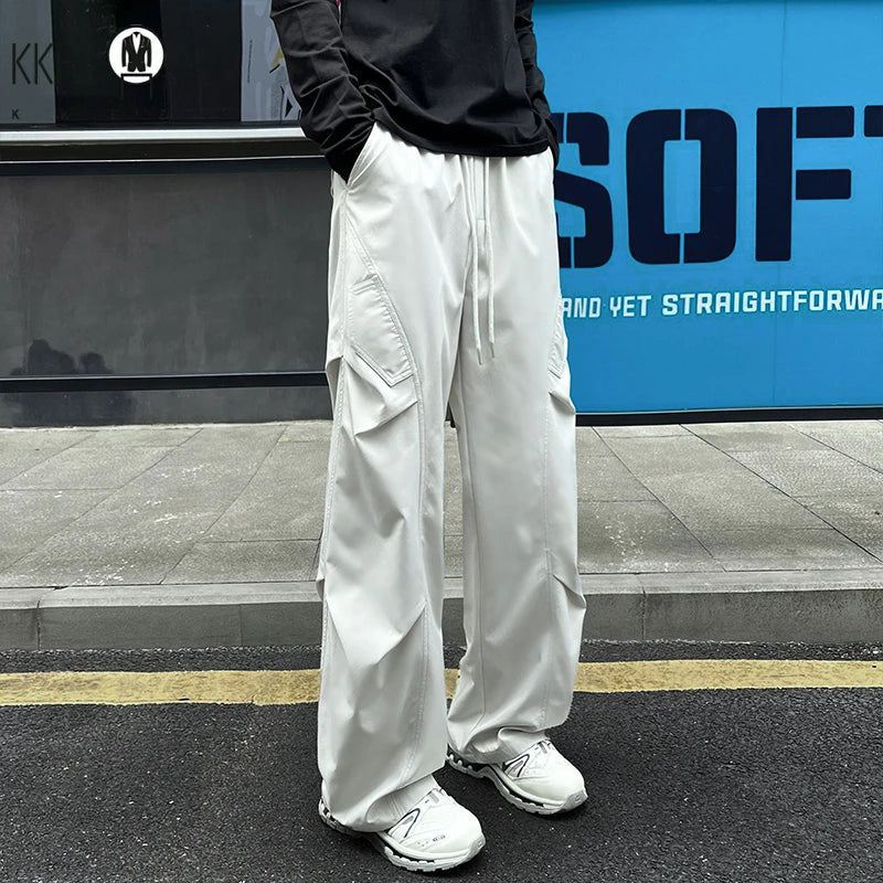 Men Baggy Wide Leg Cargo Pants Elastic Drawstring Waist Pleated Side Pockets For Street Fashion Daily Casual Commute Wear