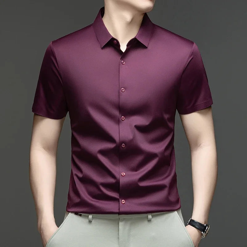 Mens Casual Short Sleeve Button Down Shirt Ice Silk Lightweight Breathable Wrinkle Resistant Summer Top