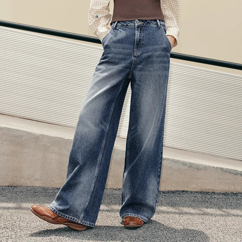 Semir Women Jeans Whisker Gradient Loose Wide Leg Retro Street Style Long Denim Pants Autumn Urban Daily Wear 2026