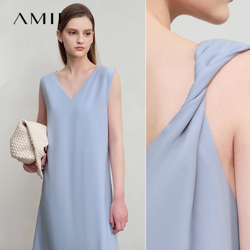 រ៉ូប Amii Minimalism Casual សម្រាប់នារីការិយាល័យរដូវក្តៅឆ្នាំ ២០២៥ ដៃអាវគ្មានដៃ រមួលជាខ្សែ ខ្នងខ្លី រលុងស្រាល 12542218
