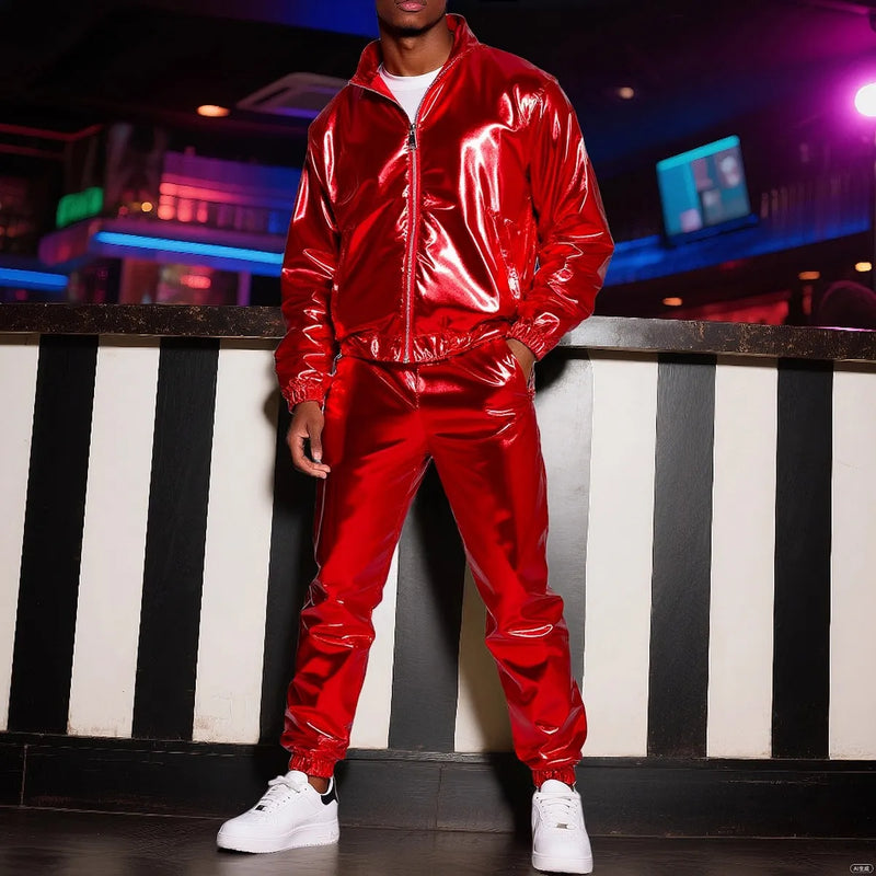 Lightweight Men's Silver Stand-up Collar Jacket Paired with Elastic Waist Pants, Gold Nightclub/Stage Performance Two-Piece Set.