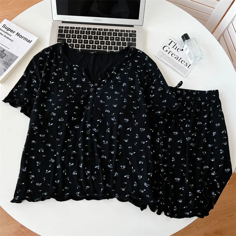 Floral Thin Nightwear 2 Pieces Set for Woman Pajamas Chest Pads Women’s Loungewear Summer Suit Short Sleeve Sleepwear Pyjamas