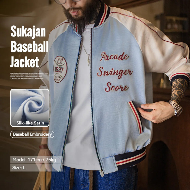 អាវ Maden បុរស Vintage ប៉ាក់ Souvenir Jacket Satin Contrast Baseball Bomber Outwear Short Zip Up Casual Jacket សម្រាប់រដូវផ្ការីក និងរដូវស្លឹកឈើជ្រុះ