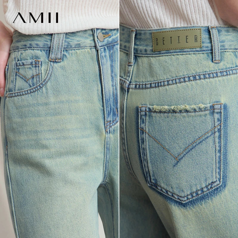 ខោខូវប៊យ Amii រដូវក្តៅថ្មីសម្រាប់នារី សមឥតខ្ចោះ ខោជើងវែងតូចចង្អៀតបែប Retro ខោត្រង់ ខោខូវប៊យកប្បាស ខោប៉ោង 12542026