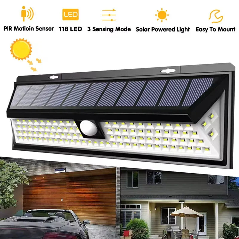 118 LED Solar Outdoor Lights Motion Sensor 270° Wide Angle Lighting Security Solar Powered Flood Lights Outside Fence Wall Yard