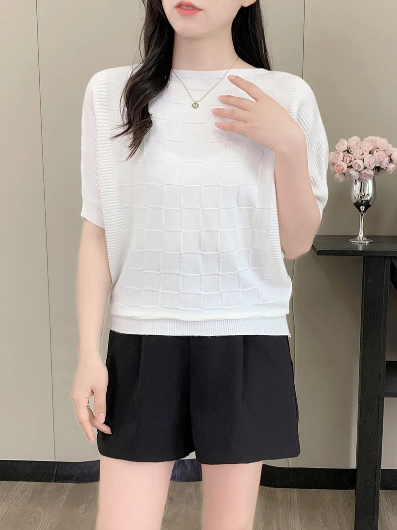 Korean Fashion One-word Collar Casual Bat-sleeved Knitted Sweater Women's Top Spring Summer Knitwear Pullover Jumper Shirt