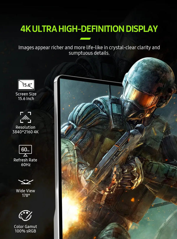 ម៉ូនីទ័រចល័ត UPERFECT UPlays C10 ទំហំ 15.6 អ៊ីញ 4K UHD IPS អេក្រង់ទីពីរសម្រាប់កុំព្យូទ័រយួរដៃ កុំព្យូទ័រ Mac HUAWEI LG ទូរស័ព្ទ USB C HDMI អេក្រង់លេងហ្គេម