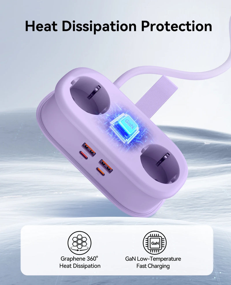 ORICO Cable-Wrap Portable Travel Power Strip 65W GaN Fast Charging Station with 2 AC Outlets 2 USB 2 Type-C EU Plug Adapter Home